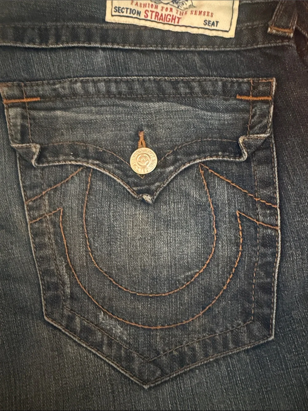 True Religion Straight Jeans in Dark Denim with red Logo Accents